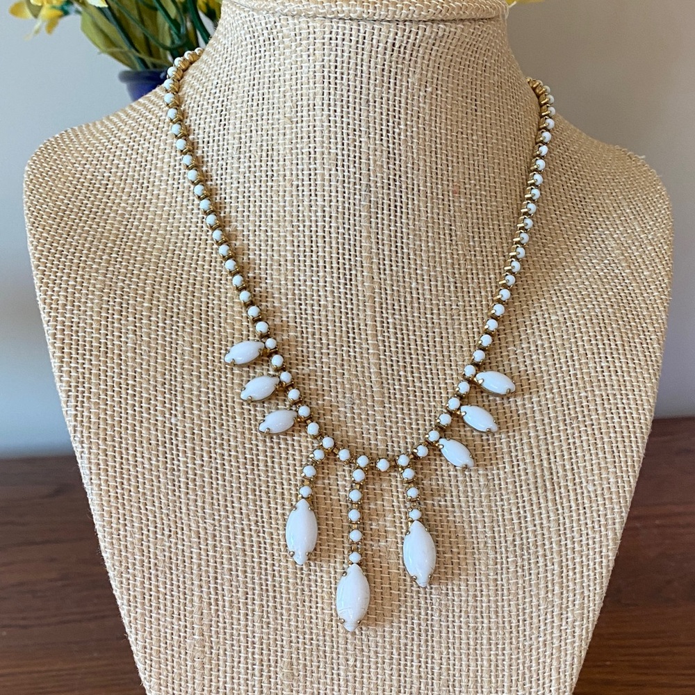 Vintage White Milk Glass Rhinestone Necklace